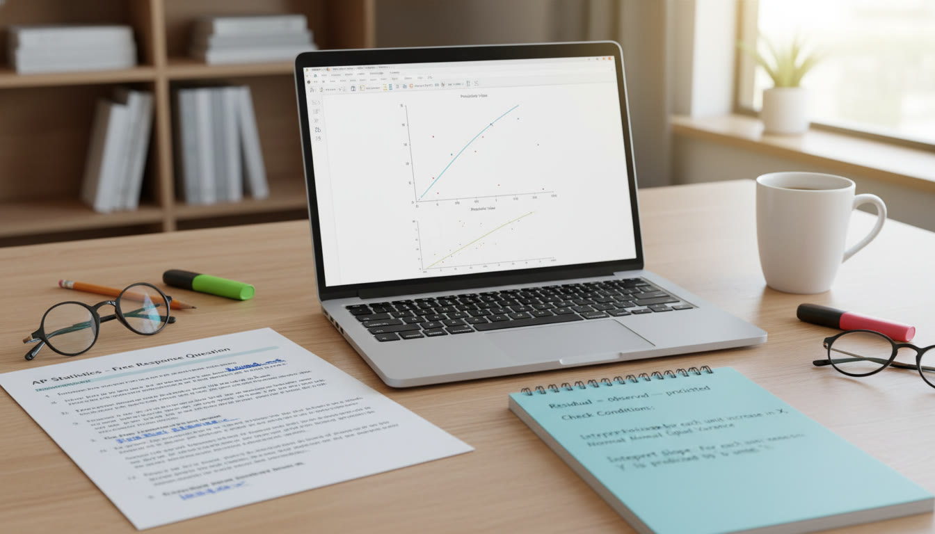Photo Idea : A clean desktop layout showing a printed FRQ, a laptop with a residual plot on the screen, and a notepad with scripted phrases (