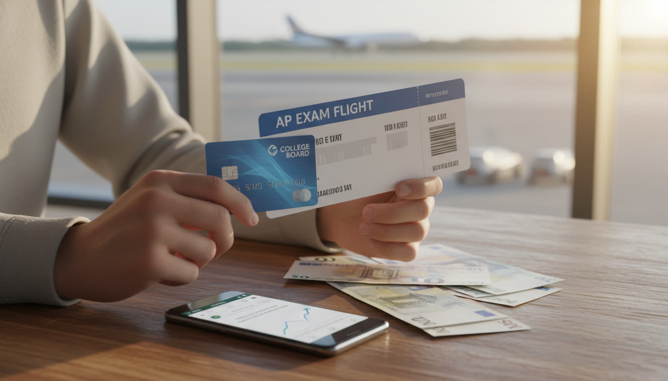 Photo Idea : Close-up of a teen’s hands holding a boarding pass and a credit card, with currency notes and a smartphone showing an exchange-rate app in the background — energetic, forward-looking mood.