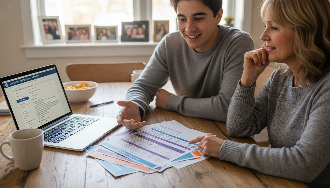 Photo Idea : A hopeful student sitting at a kitchen table with AP score reports spread out, a laptop open to a college portal, and a parent leaning in to discuss strategy. The tone is intimate and determined.