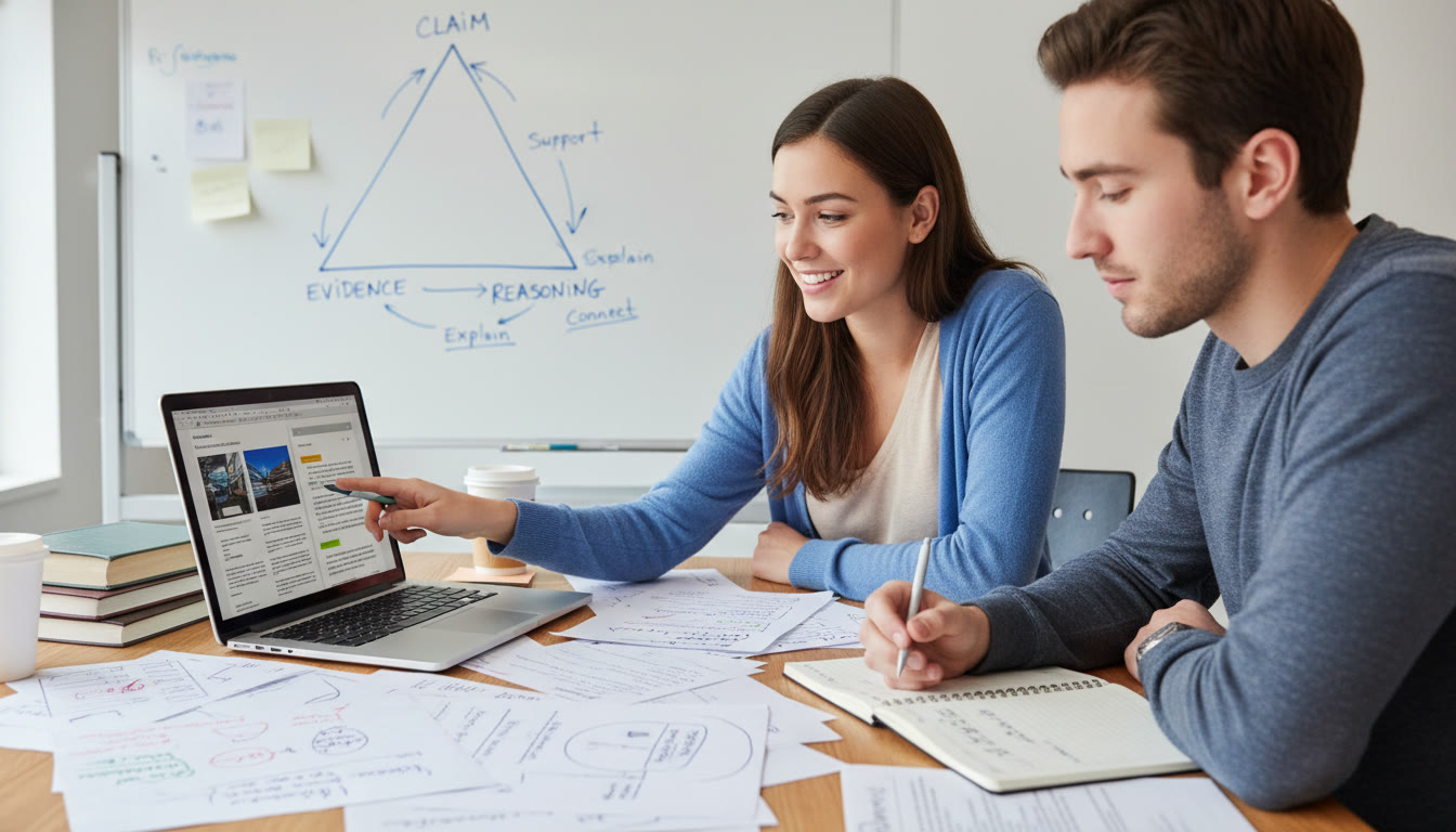 Photo Idea : A tutor working with a student over a laptop and annotated research notes, with a whiteboard sketching the claim–evidence–reasoning triangle — emphasizes coaching, feedback loops, and focused practice.