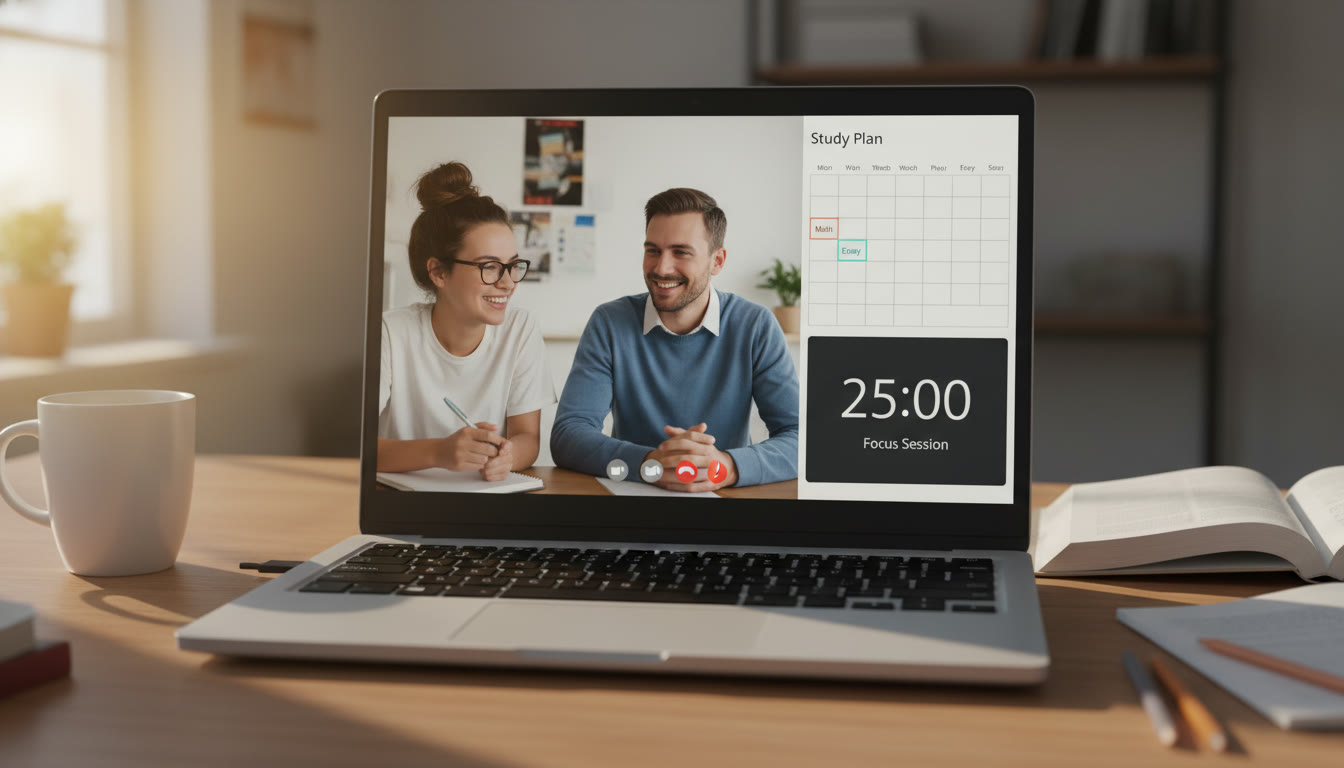 Photo Idea : Student and tutor on a video call with a split screen showing a study plan and a timer — suggests guided, personalized support during recovery moments.