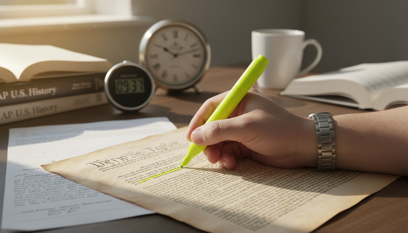 Photo Idea : Close-up of a hand underlining a single line in a historical document with a bright pen, while a watch and a clock in the background suggest timed practice—reinforces focused evidence selection and test timing.