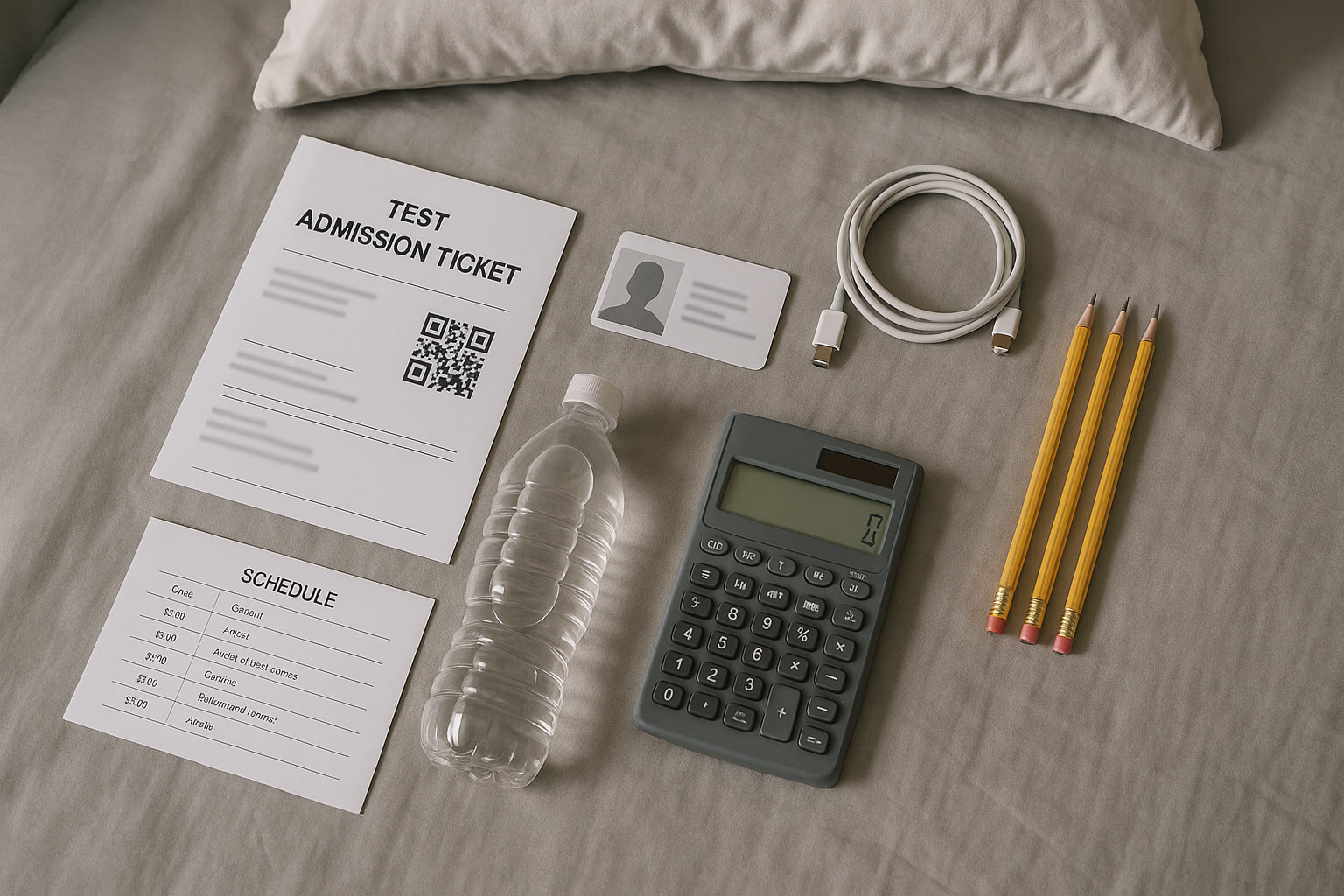 Photo Idea : A neatly organized test-day kit laid out on a bed — printed admission ticket, photo ID, charger, pencils, calculator, bottled water, and a printed travel timeline.