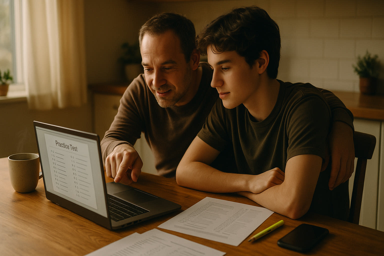 Photo Idea : A warm, candid photo of a parent and teen at a kitchen table, looking at a laptop together with practice test pages and a cup of coffee nearby.