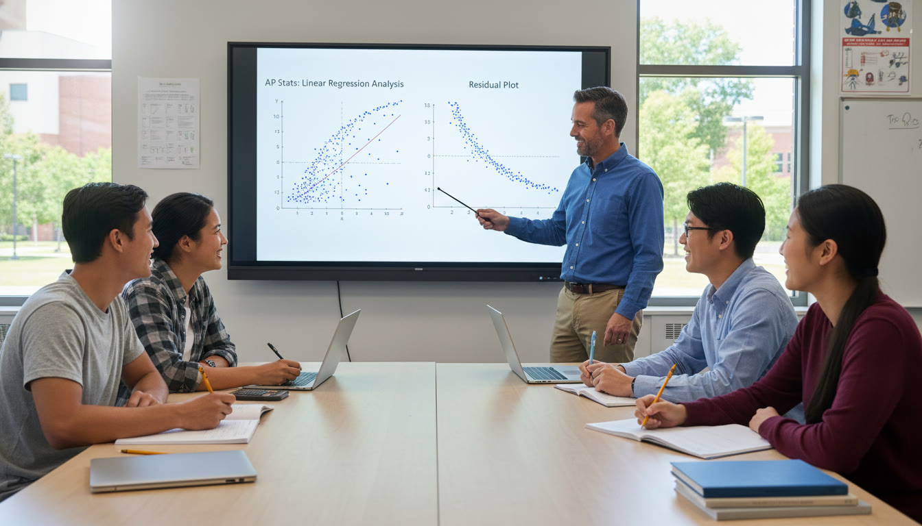 Photo Idea : A clean classroom scene showing a teacher or tutor pointing at a projected scatterplot and residual plot side-by-side while a small group of students takes notes — suggests collaborative review and guided practice.