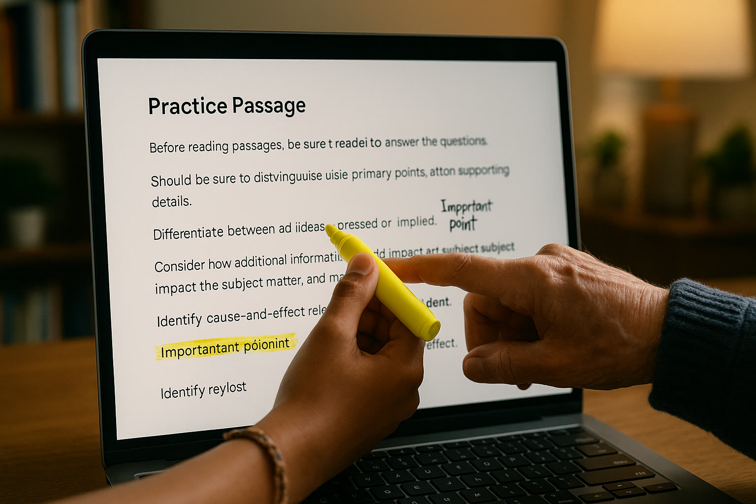Photo Idea : Close-up of a laptop screen showing a practice passage and a teen’s hand highlighting notes, with a grandparent pointing at the screen — conveying focused, collaborative practice.