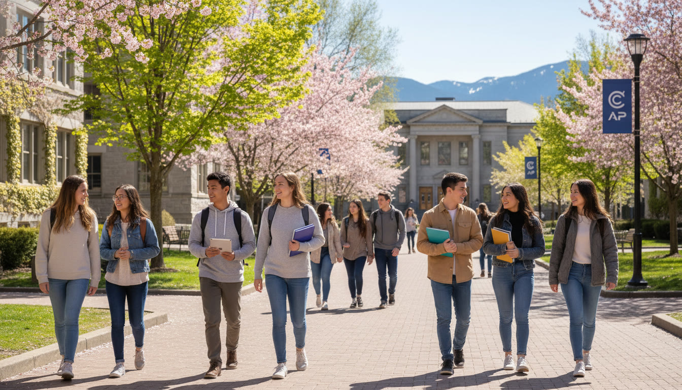Photo Idea : A university lecture hall or campus quad in Canada, students walking between buildings with spring trees   a visual reminder of the long-term payoff of planning and smart testing choices.