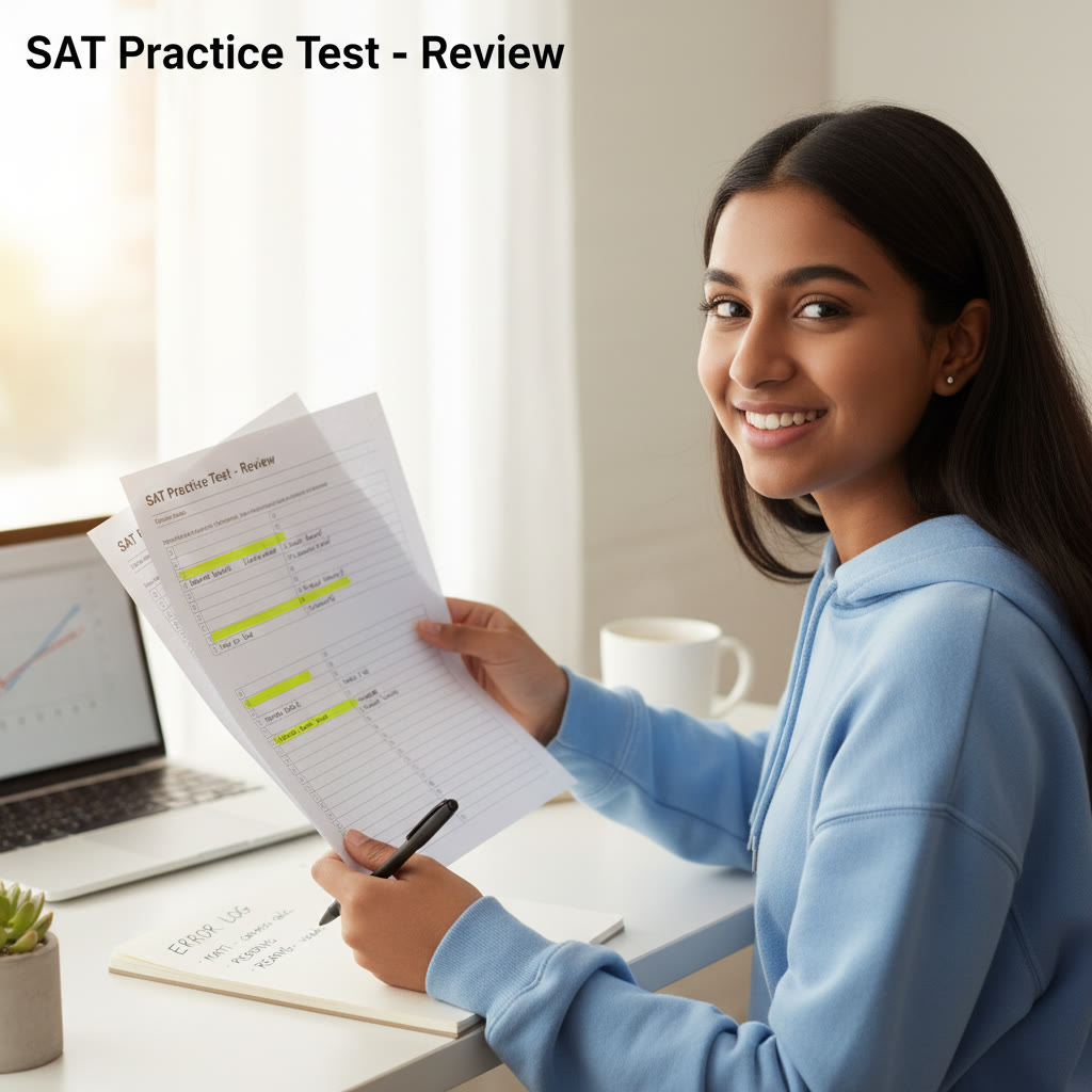Close-up of a student holding a practice test sheet, with highlighted mistakes and a pen, showing active error logging and review.