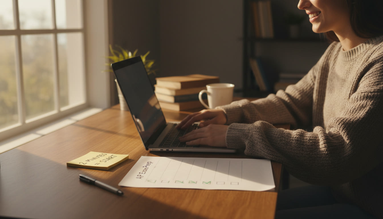 Photo Idea : A calm scene of a student closing a laptop with a completed checklist beside it and a sticky note labeled 