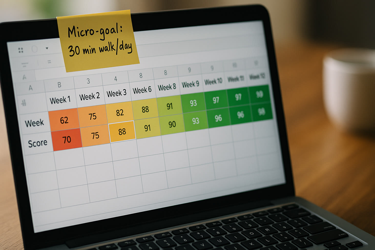 Photo Idea : A close-up of a spreadsheet on a laptop displaying week-by-week scores, with colored cells highlighting progress and a sticky note listing a micro-goal.