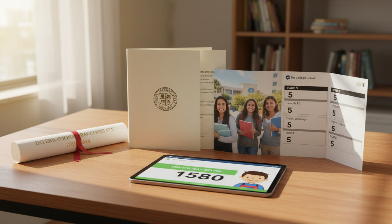 Photo Idea : A college admissions packet on a table with an IB diploma, an AP score report, and a tablet displaying a digital SAT score visual metaphor for how the pieces come together for admissions.