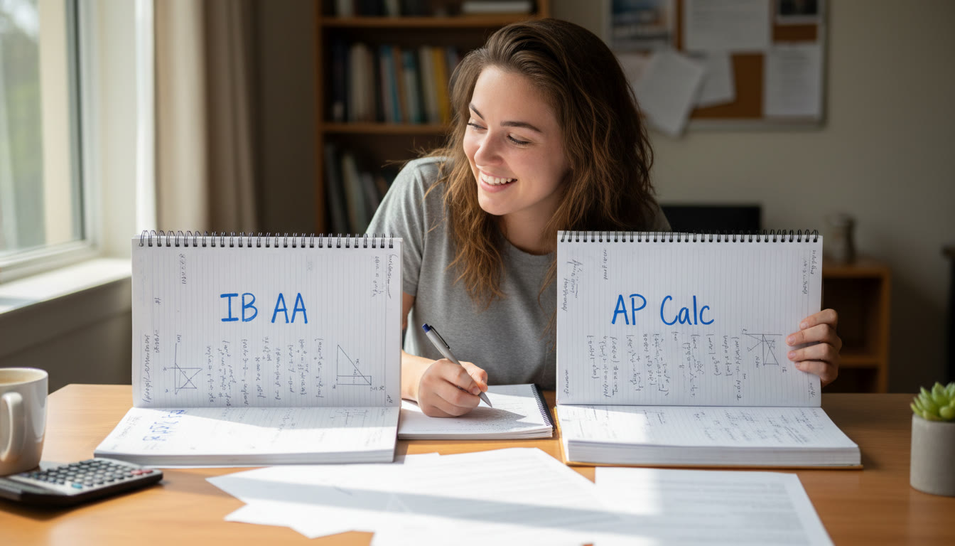 Photo Idea : A student at a desk with two open notebooks side-by-side—one labeled 