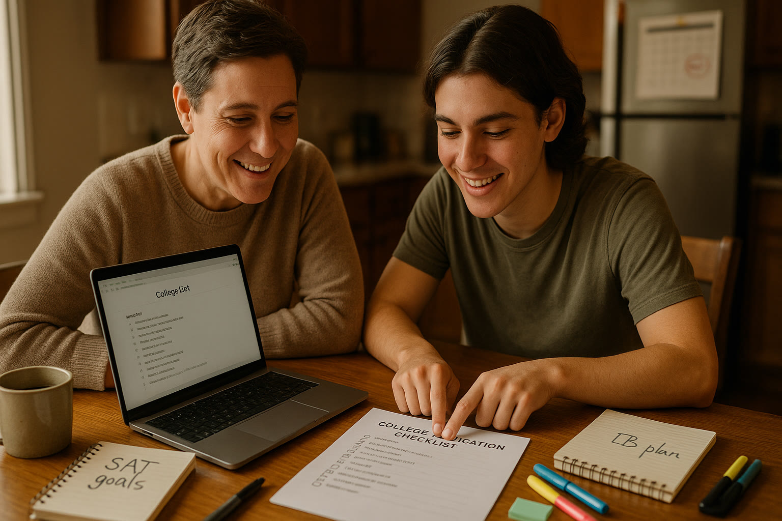 Photo Idea : A parent and teen reviewing a college application checklist together at a kitchen table, laptop open with a college list visible and notebooks labeled “SAT goals” and “IB plan.” Warm, collaborative scene.