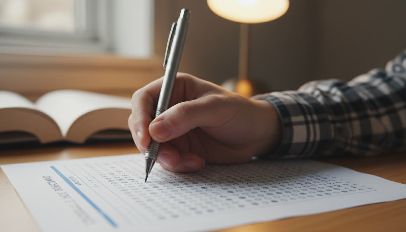 Photo Idea : A close-up, high-resolution shot of a student's hand filling in a bubble sheet with a mechanical pencil; soft natural light and a warm, focused atmosphere to convey concentration and calm.