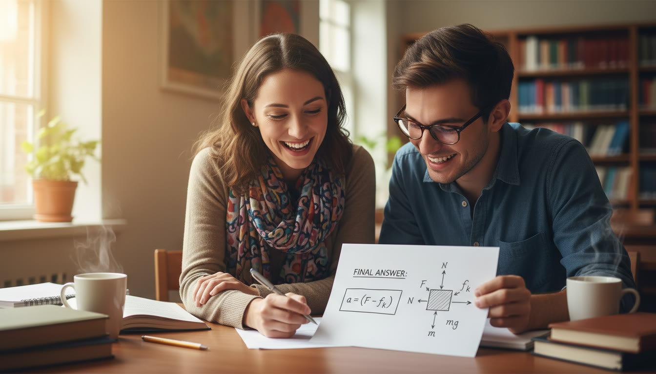 Photo Idea : A tutor and student reviewing an AP-style solution on paper, with the tutor pointing to a boxed final answer and a small free-body diagram. Warm, encouraging atmosphere to evoke the benefits of 1-on-1 guidance.