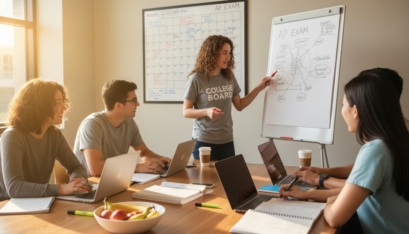 Photo Idea : A bright, friendly study group around a table with laptops, notebooks, and a large calendar. One student is explaining a diagram while others take notes—conveys collaboration and focus.