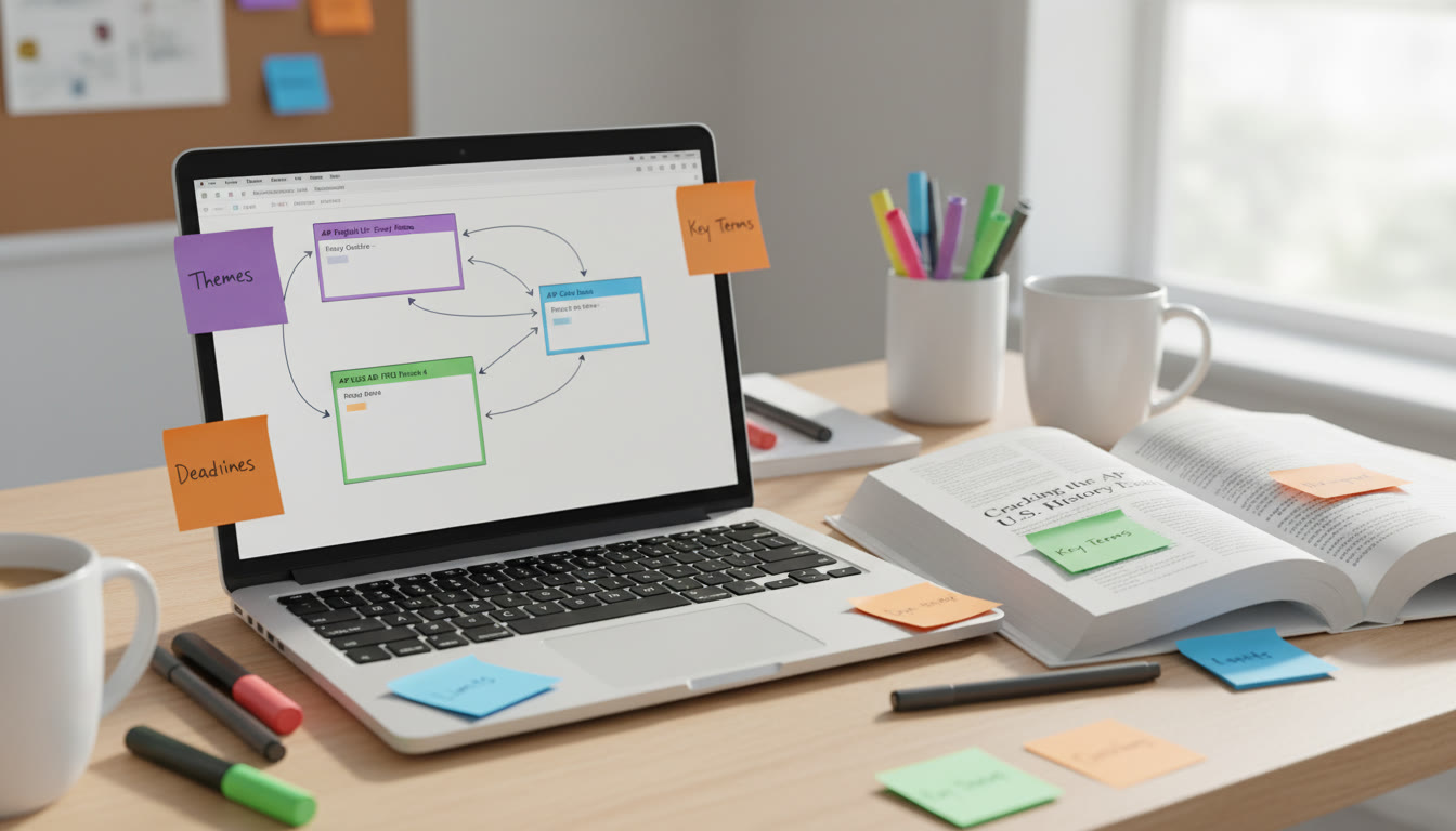 Photo Idea : A student’s desk with a laptop open to a tagged digital note interface (Notion/OneNote style), color-coded sticky notes, and an open AP textbook—capturing organization and focus.