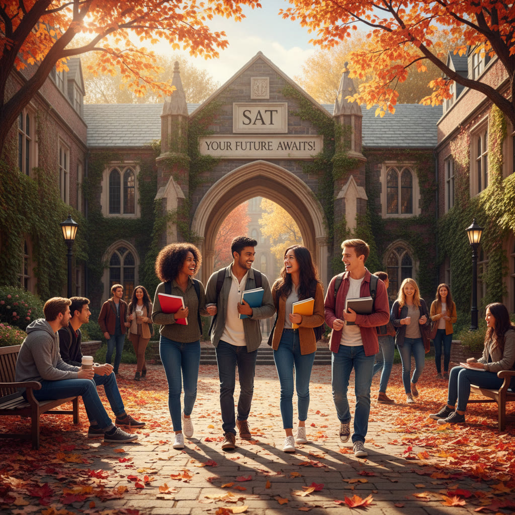 Photo Idea : A welcoming college quad in autumn with a diverse group of students walking and chatting—captures hope and possibility.