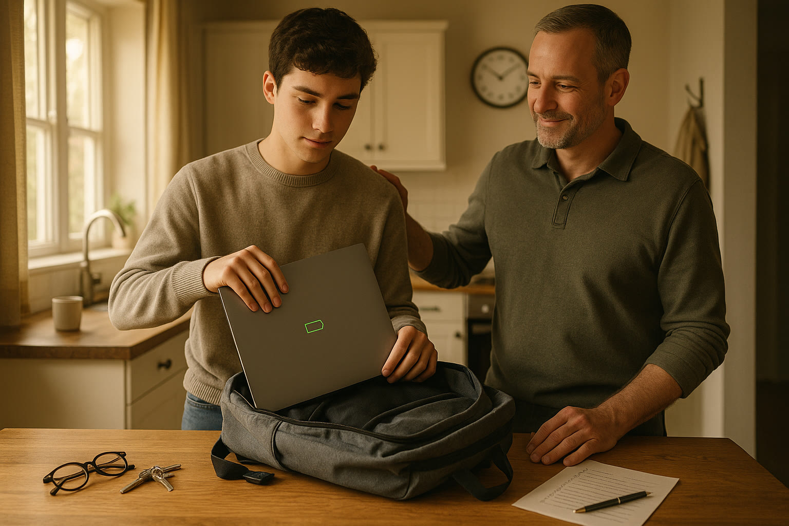 Photo Idea : A calm test-day morning scene: a student putting a charged laptop into a backpack, a checklist beside it, and a parent offering a reassuring smile — emphasizing preparedness and steady nerves.