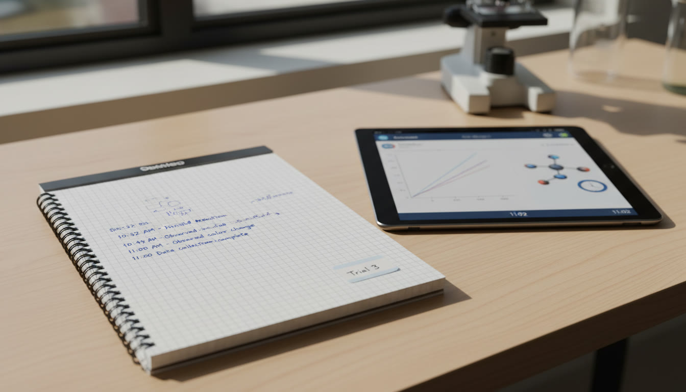 Photo Idea : A tidy lab notebook page with timestamped entries, a screenshot of a simulation output, and a small label