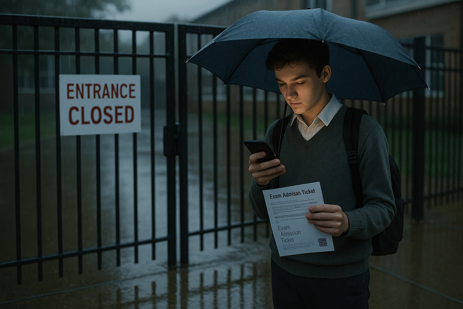 Photo Idea : A student standing under an umbrella outside a closed school entrance, looking at their phone while holding a test admission ticket.