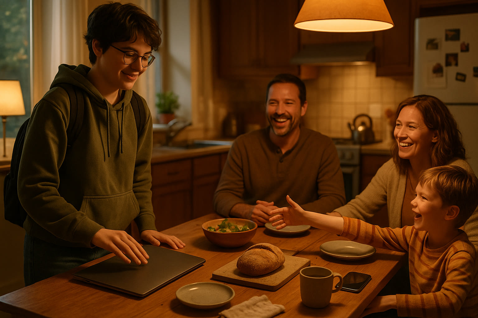 Photo Idea : A warm kitchen scene with a student closing a laptop and joining family at the table; soft evening light.