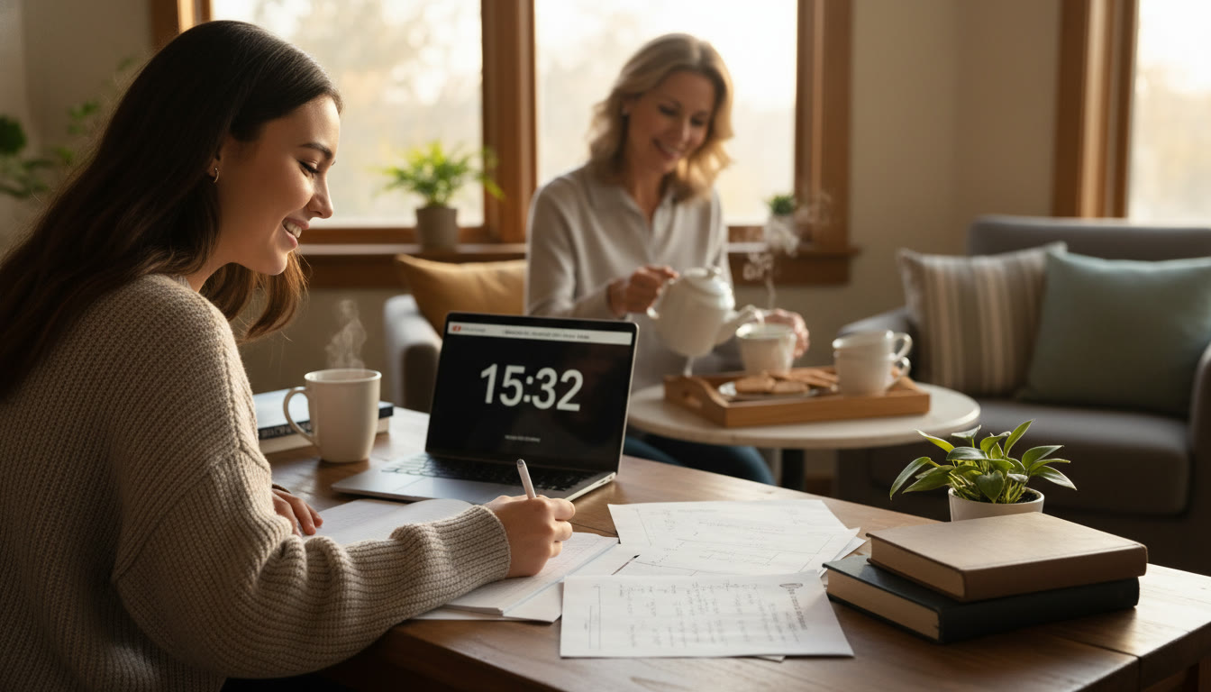 Photo Idea : A late-afternoon scene of a student doing a timed practice test in a cozy study corner, with a parent quietly preparing tea nearby — capturing disciplined study and calm parental support.
