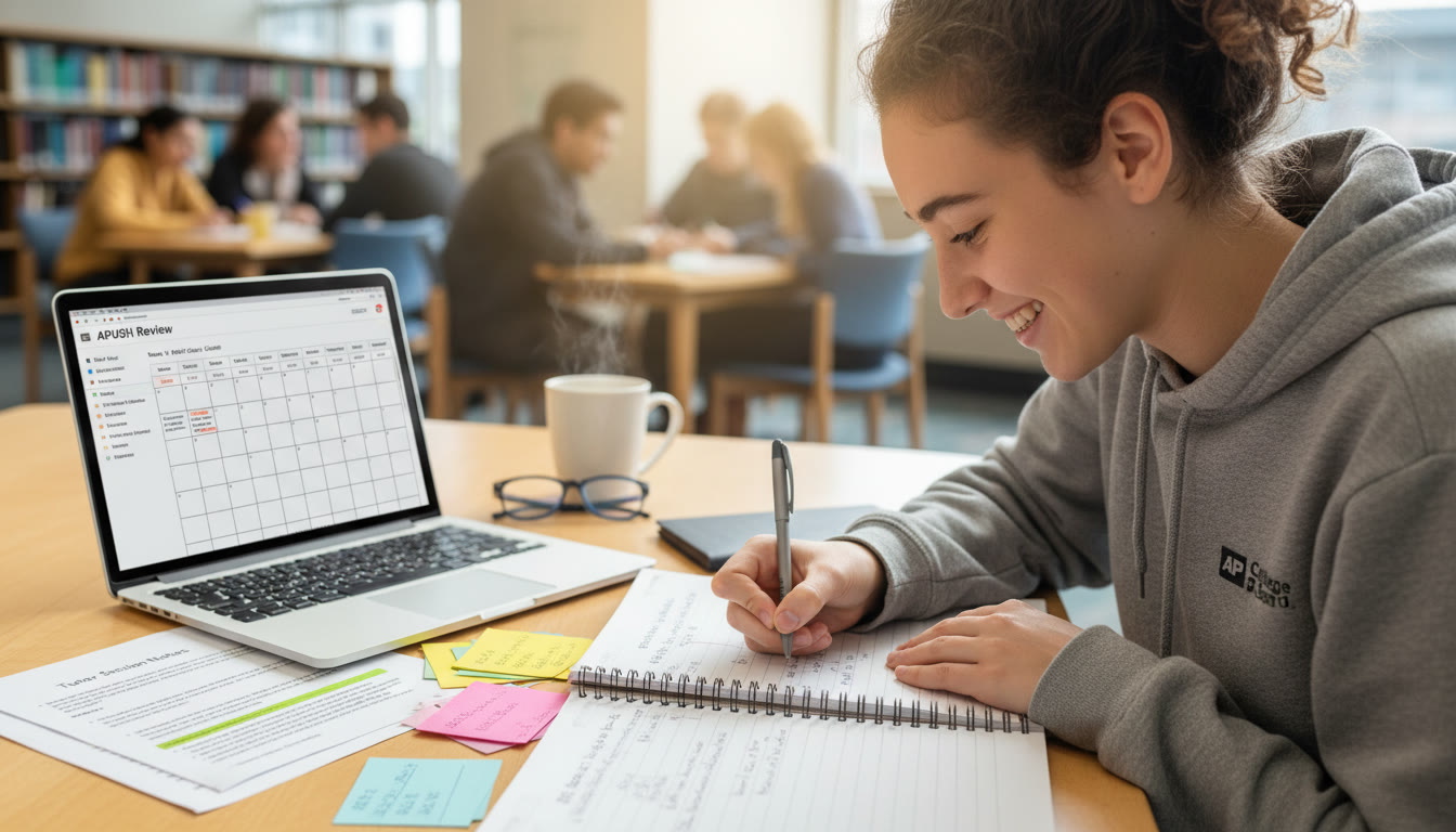 Photo Idea : A close-up of a student writing an essay with chronology cards and a laptop open to a study plan—visualizing active revision and tutoring session notes.