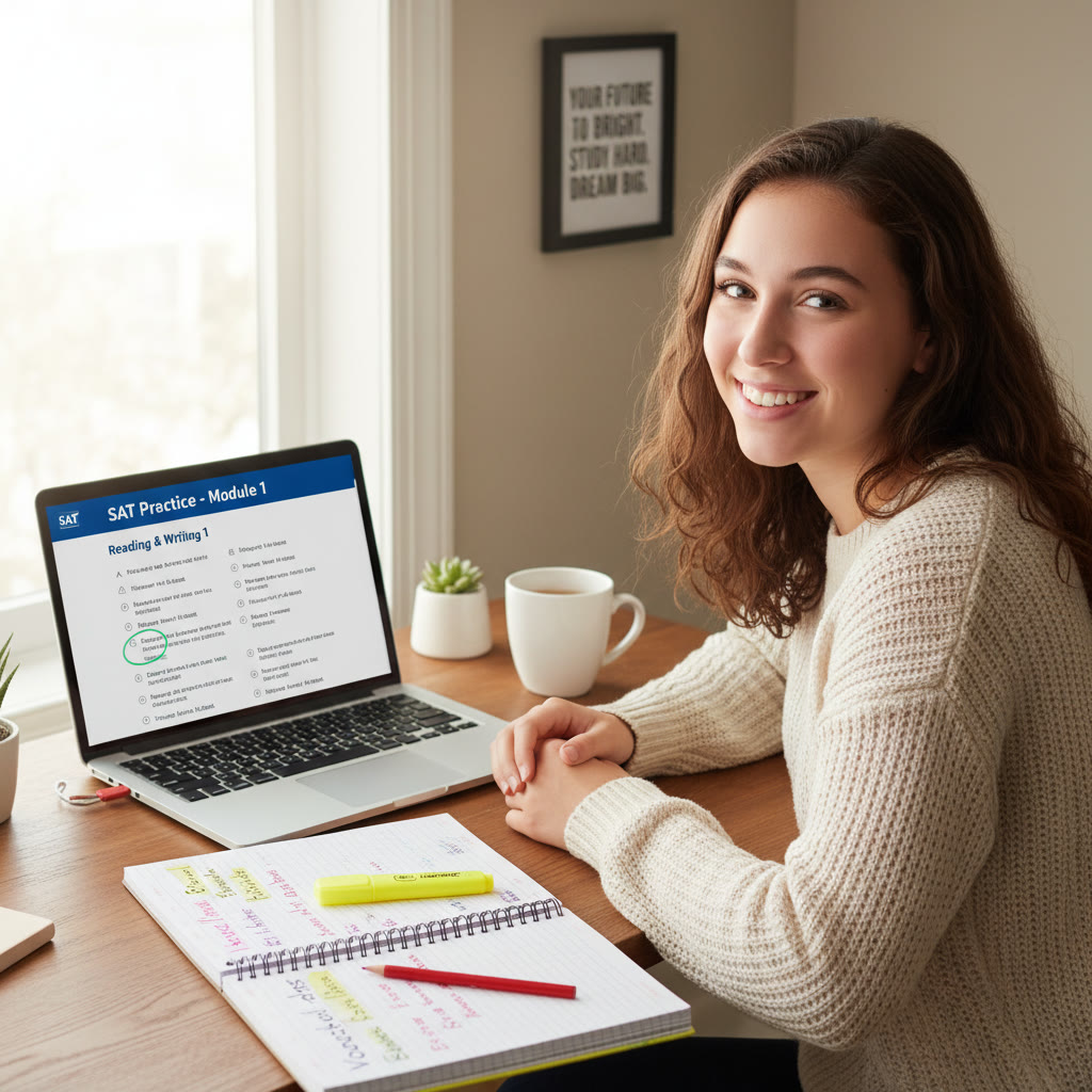 Photo Idea : A focused student sitting at a desk with a laptop showing a digital SAT practice interface and a notebook with highlighted study notes.