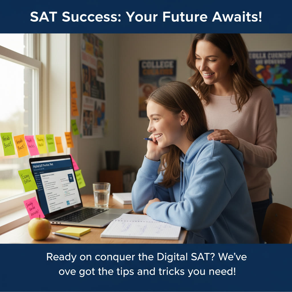 Photo Idea : A bright, candid photo of a young student studying with a laptop and Digital SAT practice test on-screen, sticky notes around, and a parent providing a supportive gesture in the background.