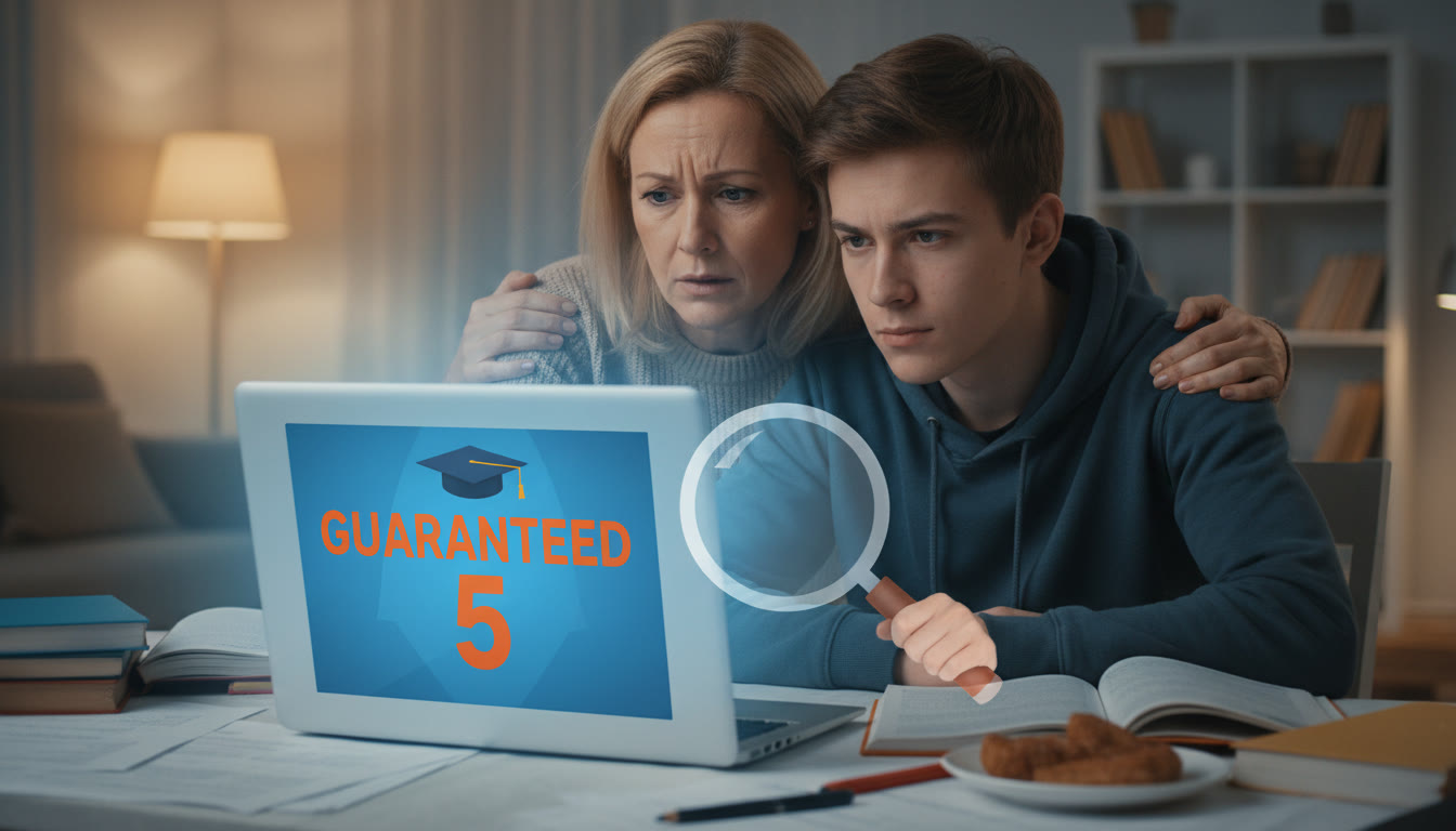 Photo Idea : A worried parent and a high school student looking at a laptop displaying bold ad text saying “Guaranteed 5” with a magnifying glass overlay to symbolize scrutiny and skepticism.