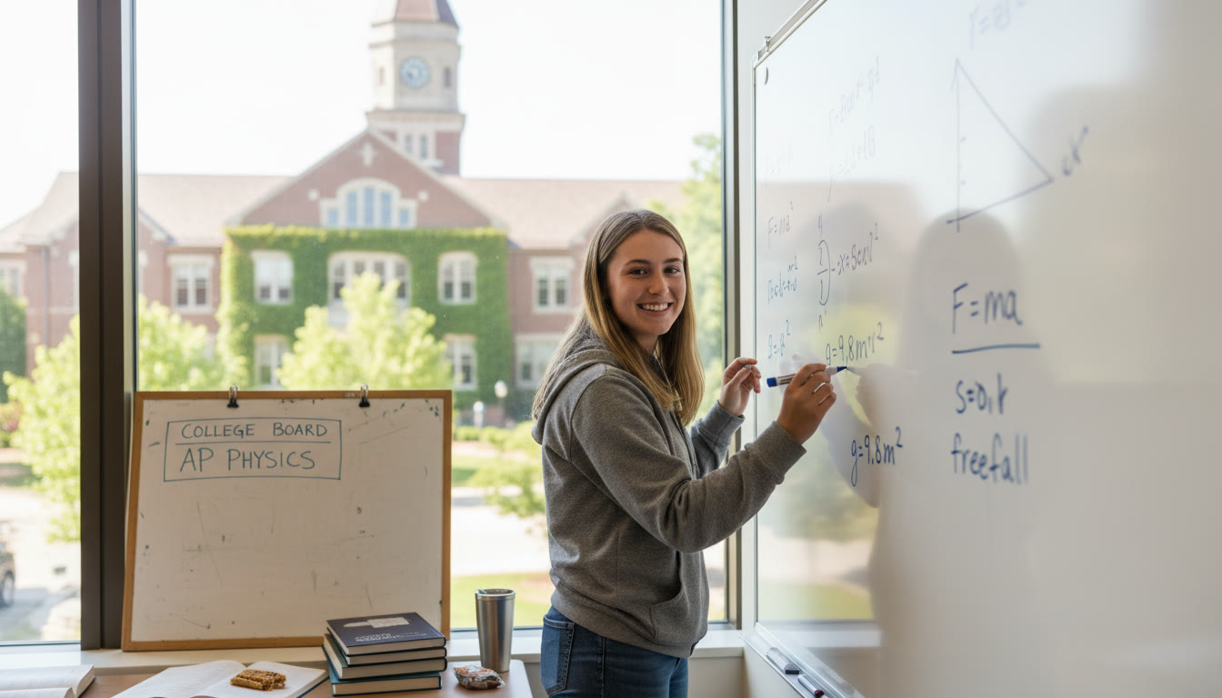 Photo Idea : A high school student working through a physics problem on a whiteboard with a small Iowa campus building blurred in the background — conveys local ambition and focused study.