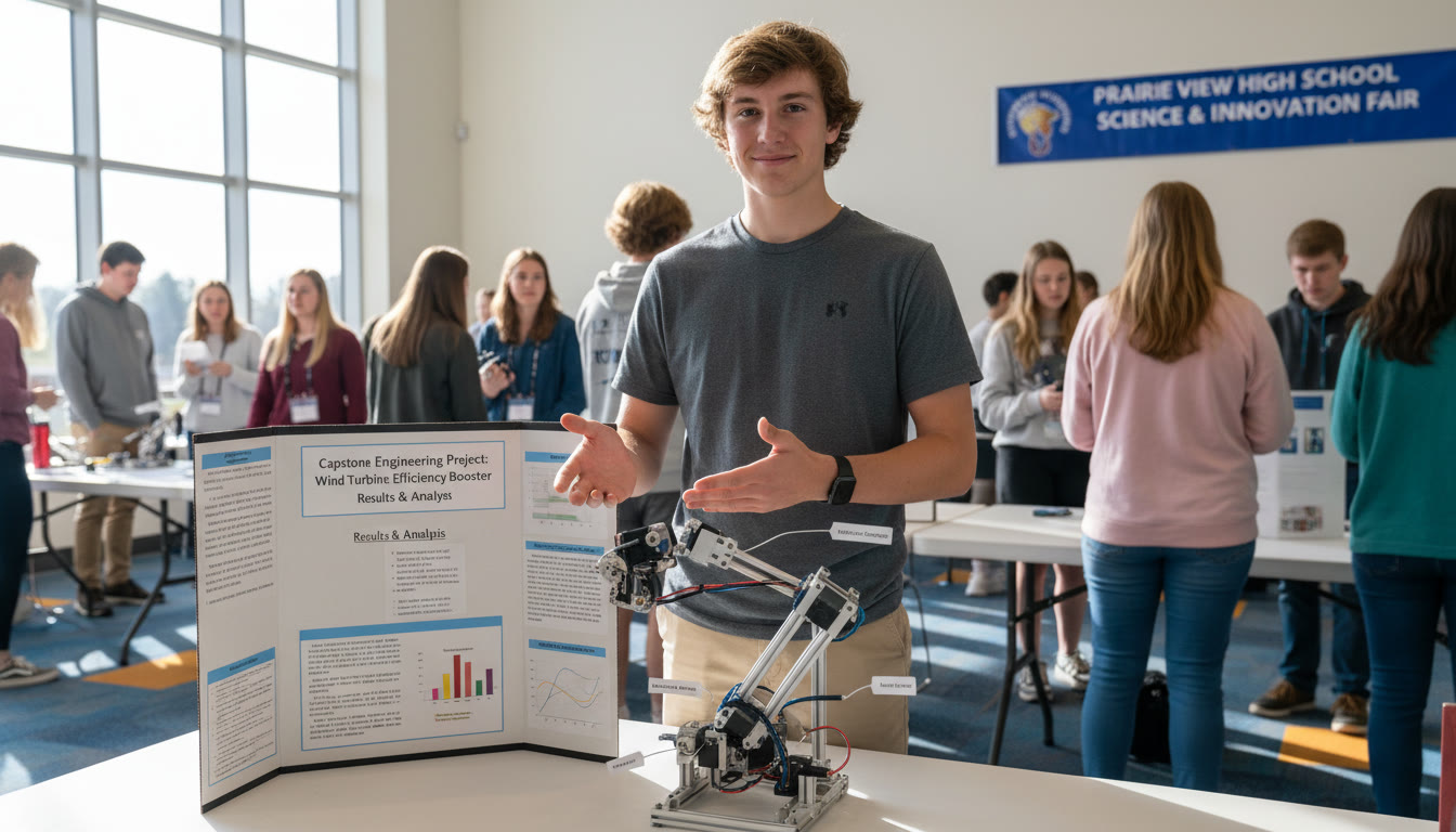Photo Idea : A senior student in Kansas presenting a capstone engineering prototype at a school fair — the image should show a proud, focused expression, a tabletop prototype with labeled components, and a small poster board summarizing results.