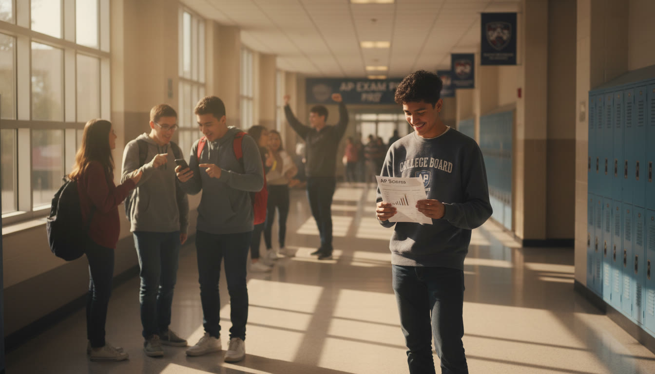 Photo Idea : A high-school hallway with students grouped in small clusters; one student stands slightly apart holding a paper and smiling gently while others excitedly point to their phones. The light is warm and the scene feels candid.