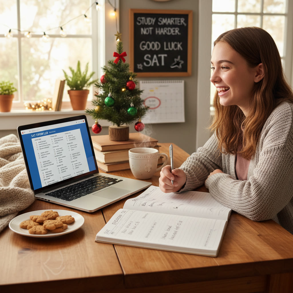 Photo idea: A student studying at a cozy kitchen table with festive decorations in the background, laptop open with SAT practice problems on the screen, and a notebook with error logs beside a cup of tea.