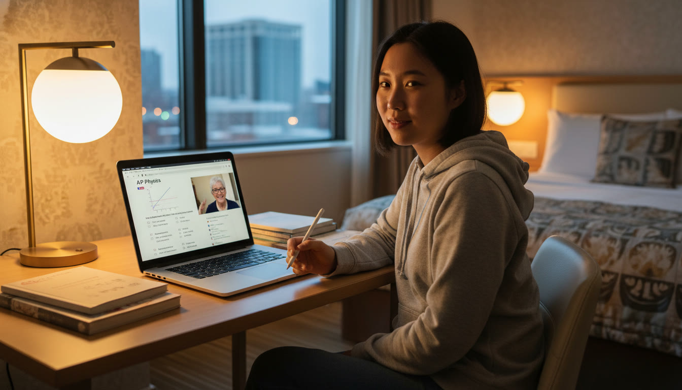 Photo Idea : Student in a hotel room at a small desk, laptop open to AP practice questions, a tutor on a video call in the corner—soft desk lamp light creating a focused, calm atmosphere.