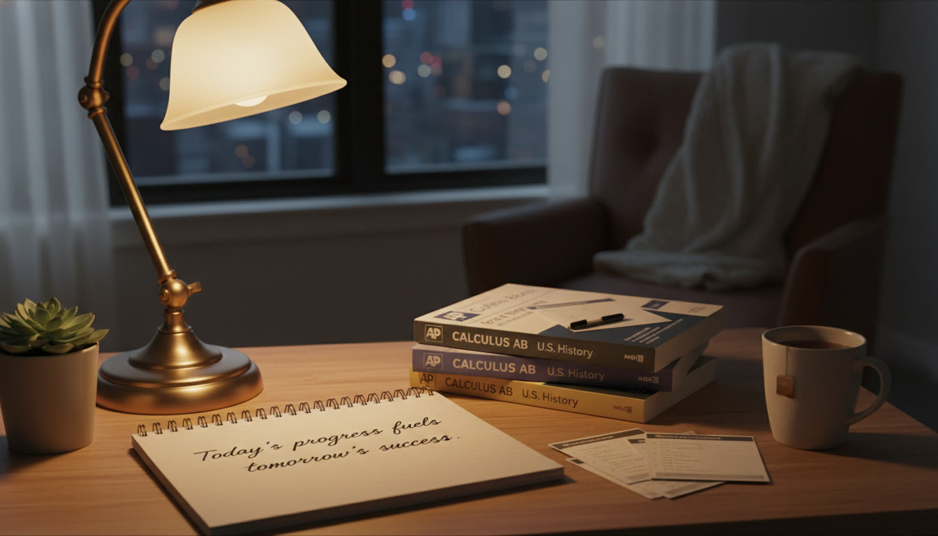Photo Idea : A small, cozy evening desk scene with a warm lamp, an open notebook showing a one-sentence reflection, and AP prep materials—conveys the calm close to a productive day.
