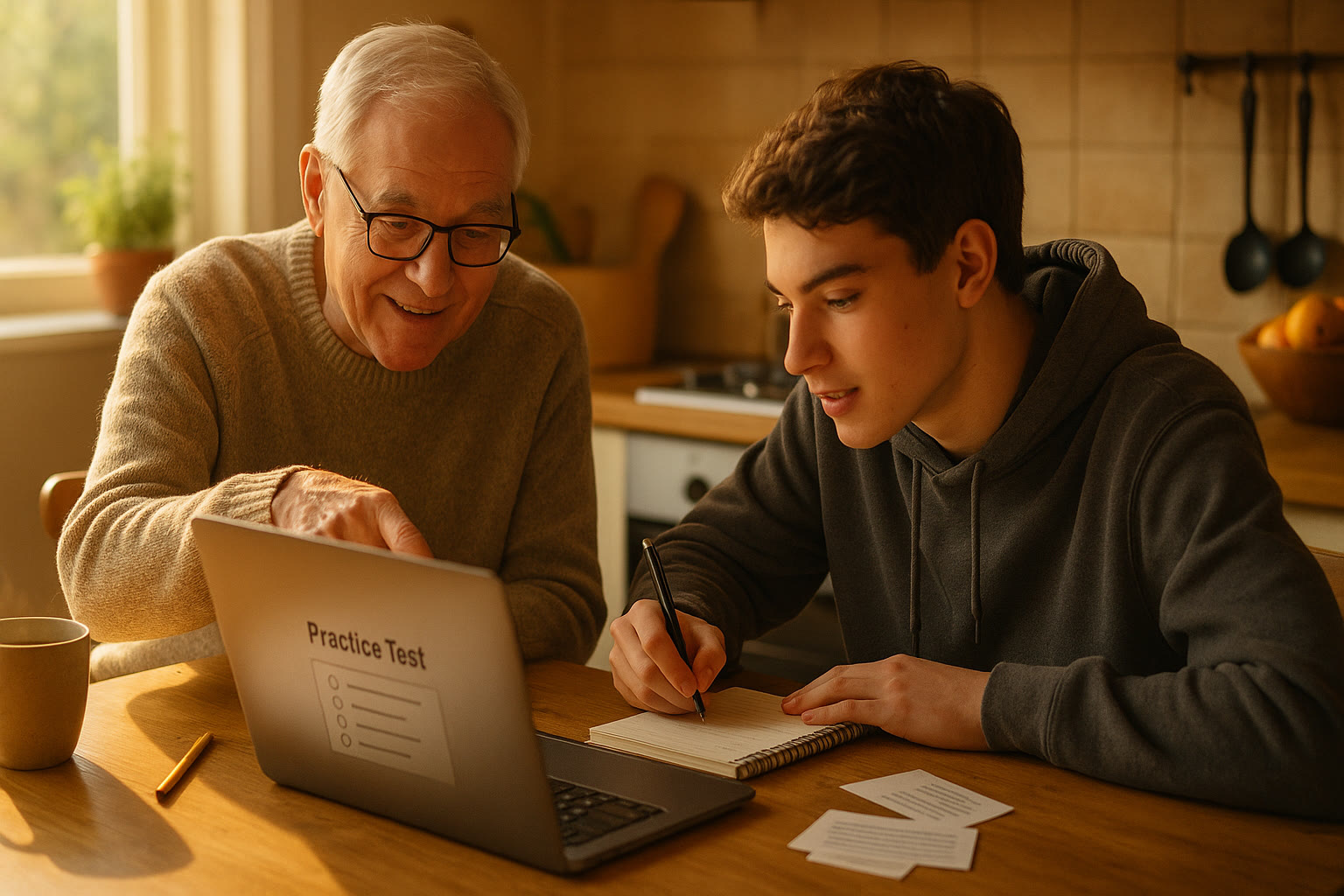 Photo Idea : A warm scene of a grandparent and teen at a kitchen table with a laptop open to a practice test, a notebook, and a mug of tea — showing collaboration across generations.