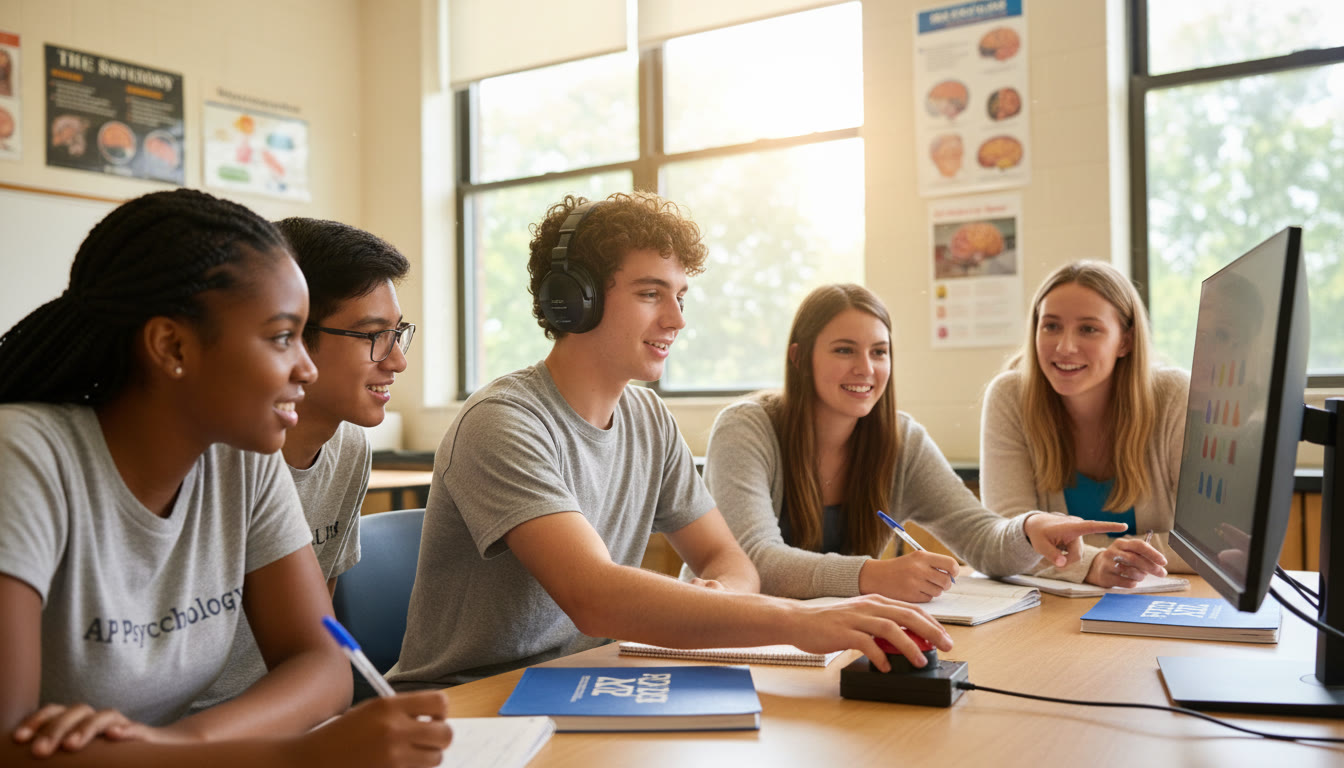Photo Idea : A bright, welcoming classroom scene with a small group of diverse high school students engaged in a psychology experiment demo—one student wearing headphones for a reaction-time task while others observe and take notes. Shows curiosity and hands-on learning.