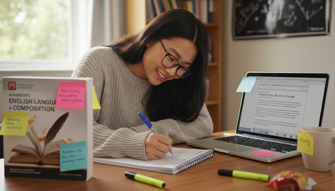 Photo Idea : A close-up of a student writing at a desk with an open AP textbook, sticky notes, and a laptop — evokes the reflective essay-writing process.