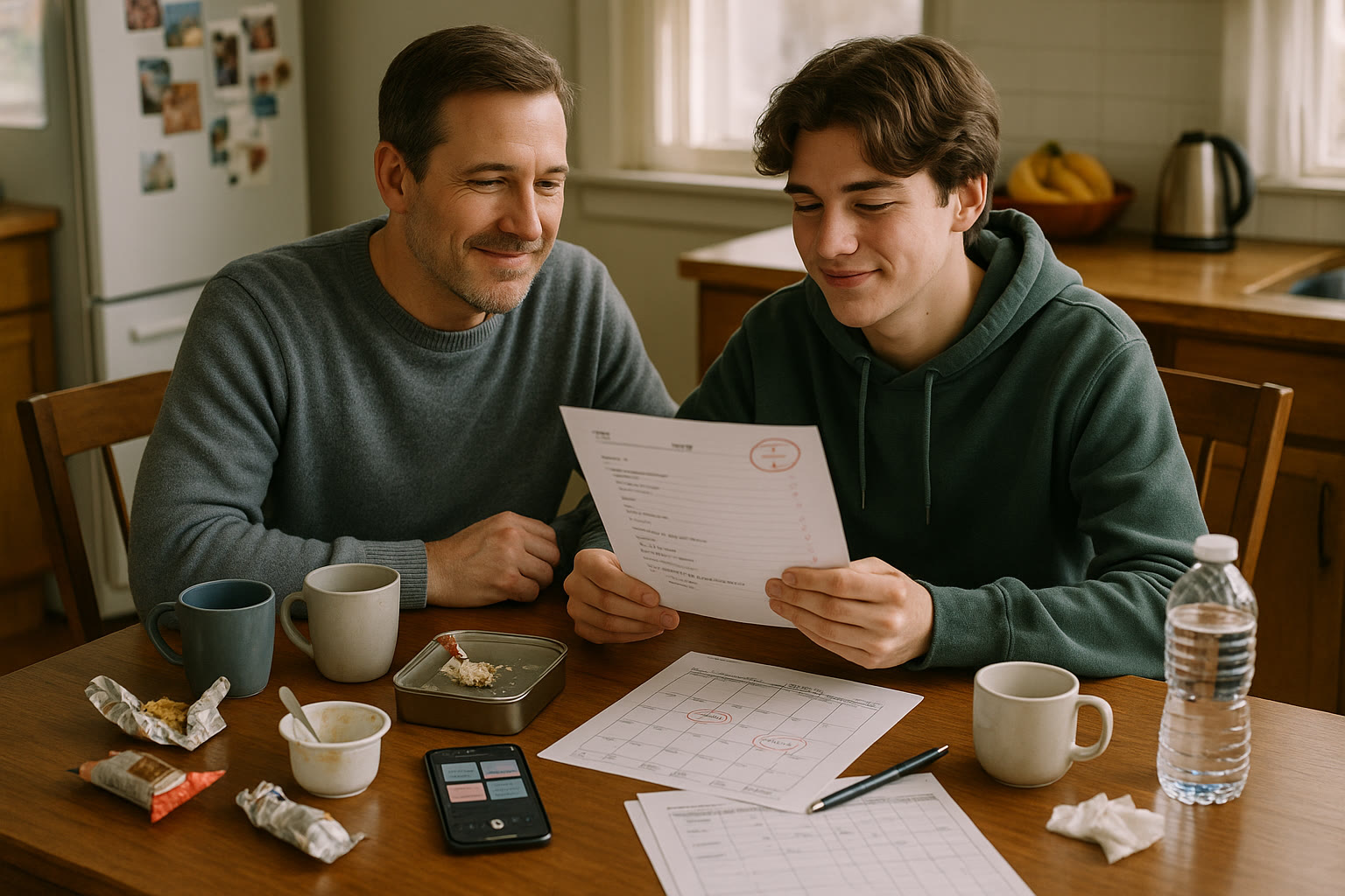 Photo Idea : A parent and teen at a kitchen table after the test — empty snack containers, a phone with a calming playlist visible, and a printed planner with future practice/test dates circled.