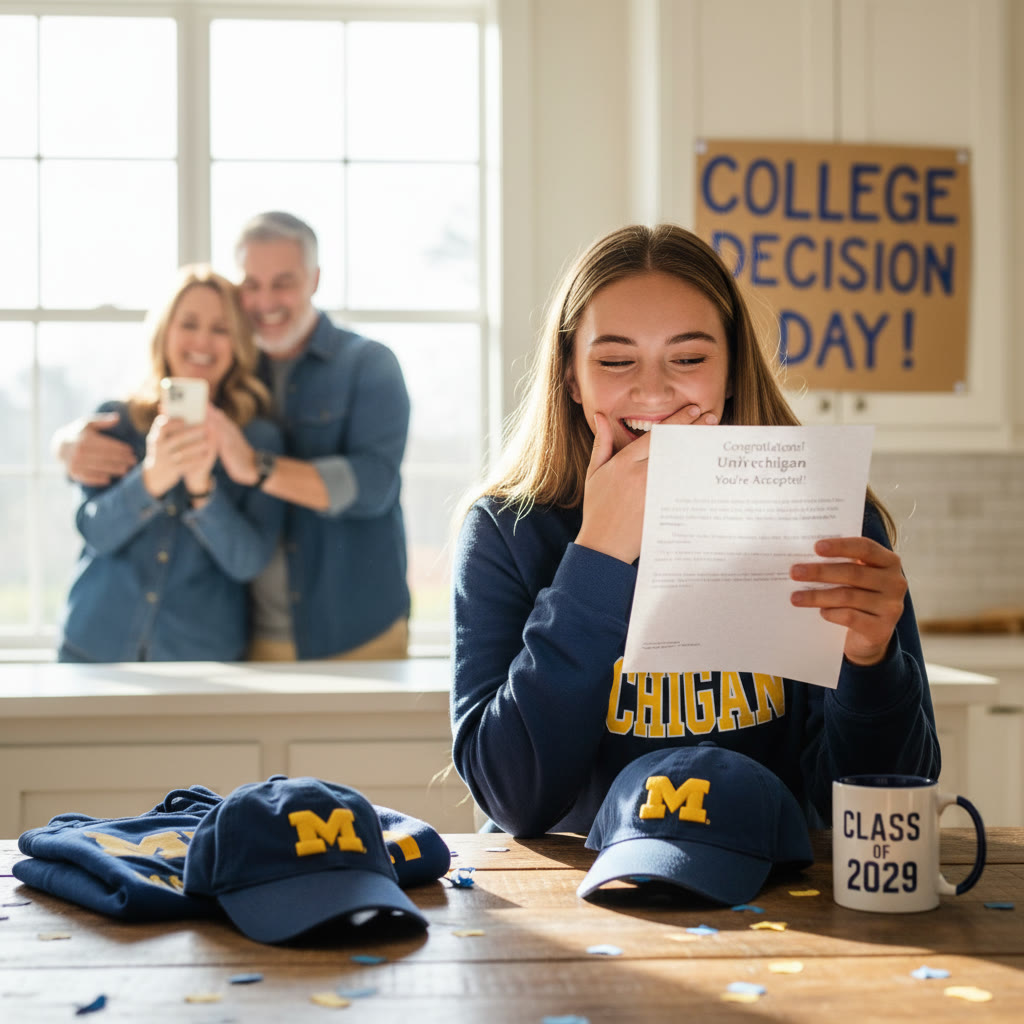 Photo Idea : A joyful “college decision day” scene: a student reading an acceptance letter at a kitchen table, parents celebrating gently in the background, college swag on the table.