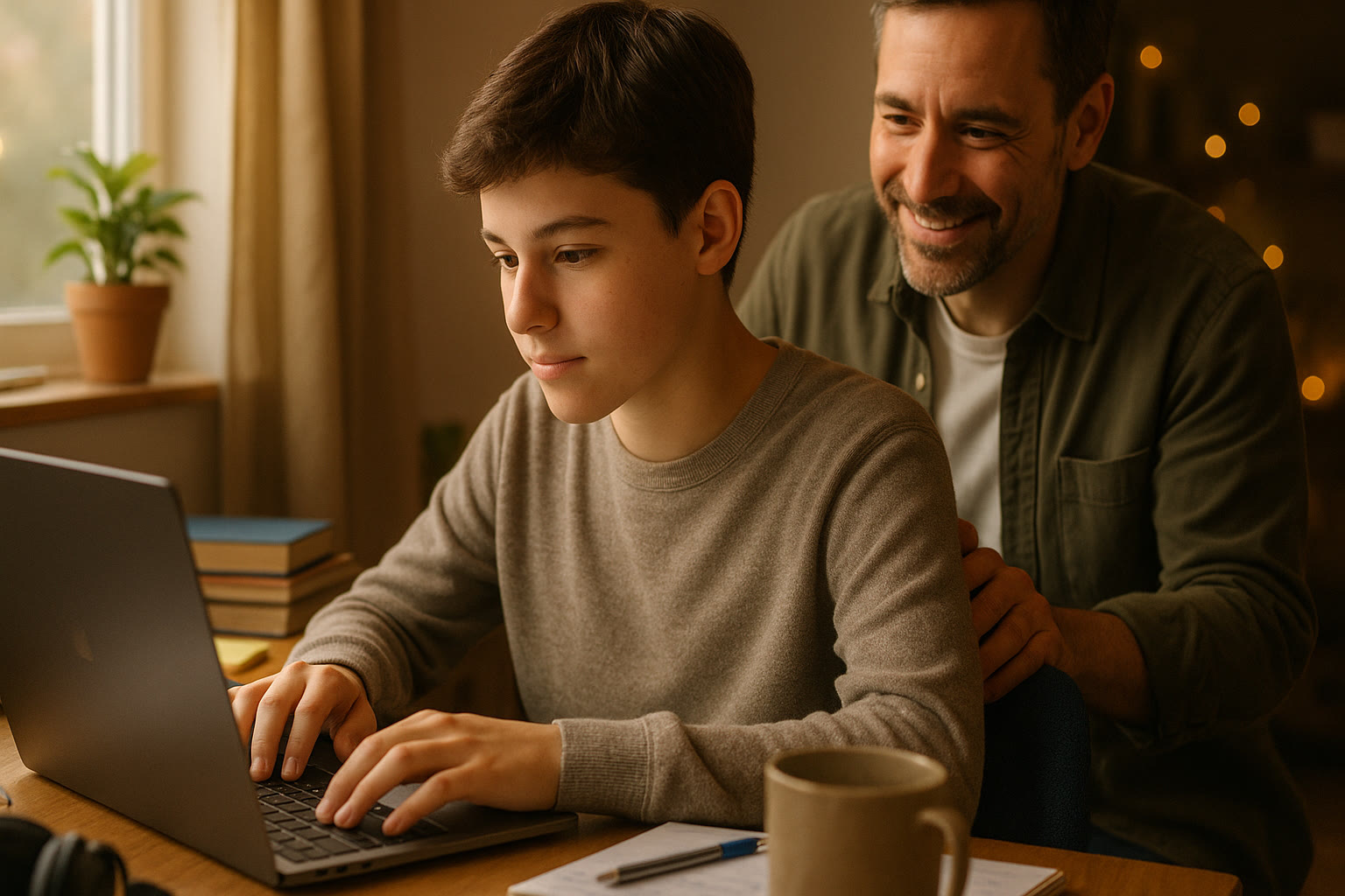Photo Idea : A close-up photo of a high school student using a laptop in a cozy study corner, with a parent or tutor nearby offering encouragement.
