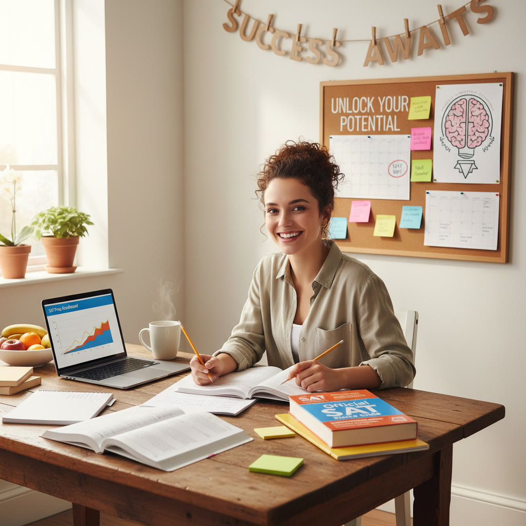 A student at a kitchen table studying with a laptop and practice tests, representing a home study setup.
