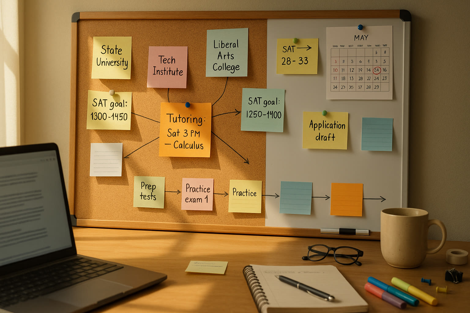 Photo Idea : A progress board with sticky notes: colleges listed, score ranges, test dates circled, and a tutoring session scheduled—visual evidence of an organized, hopeful plan.