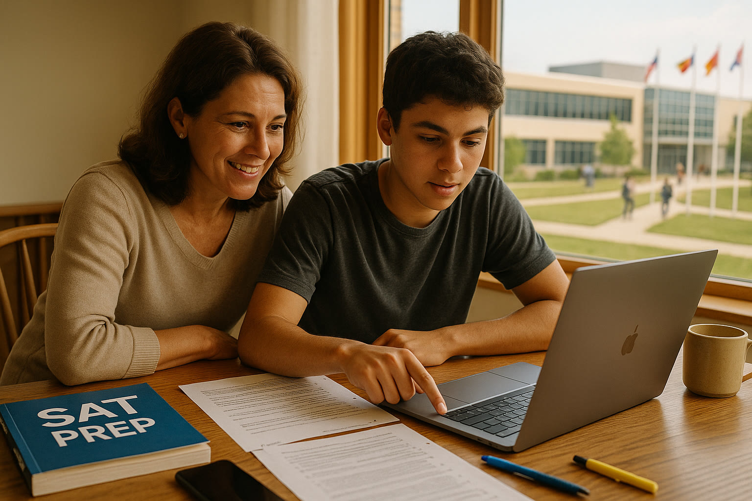 Photo Idea : A warm, natural photo of a parent and teenager sitting at a kitchen table with a laptop and SAT prep booklets—international school campus visible through a window in the background.
