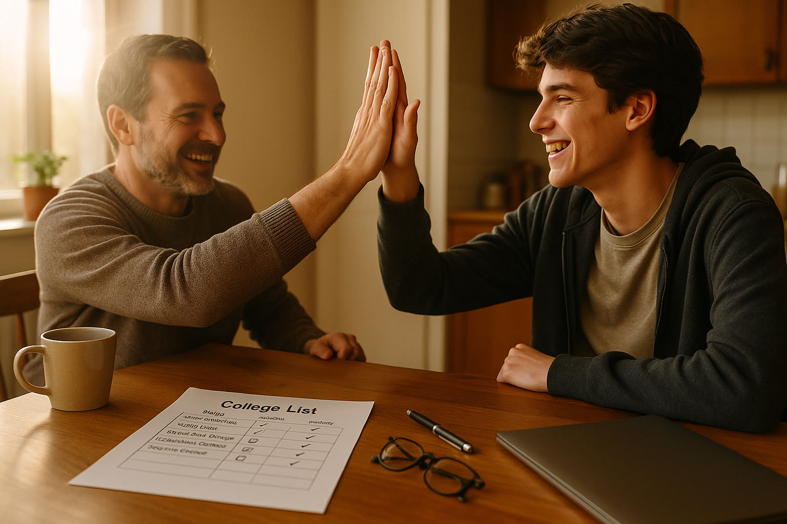 Photo Idea : A cozy scene of a parent and teen high-fiving after finishing a college application checklist, a printed 