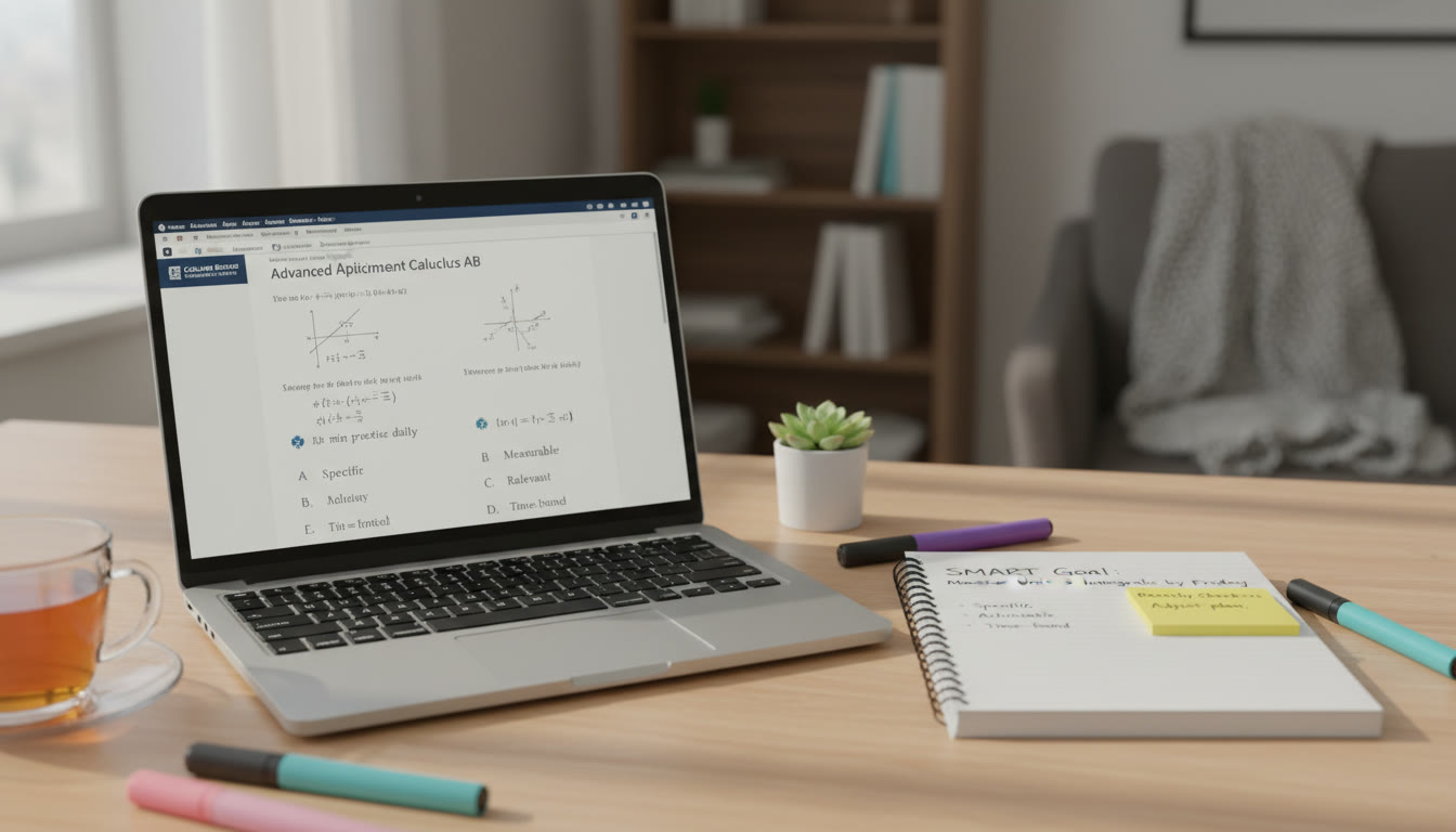Photo Idea : A study setup with a laptop showing AP practice questions, a notebook with a SMART goal written on it, and a sticky note labeled 