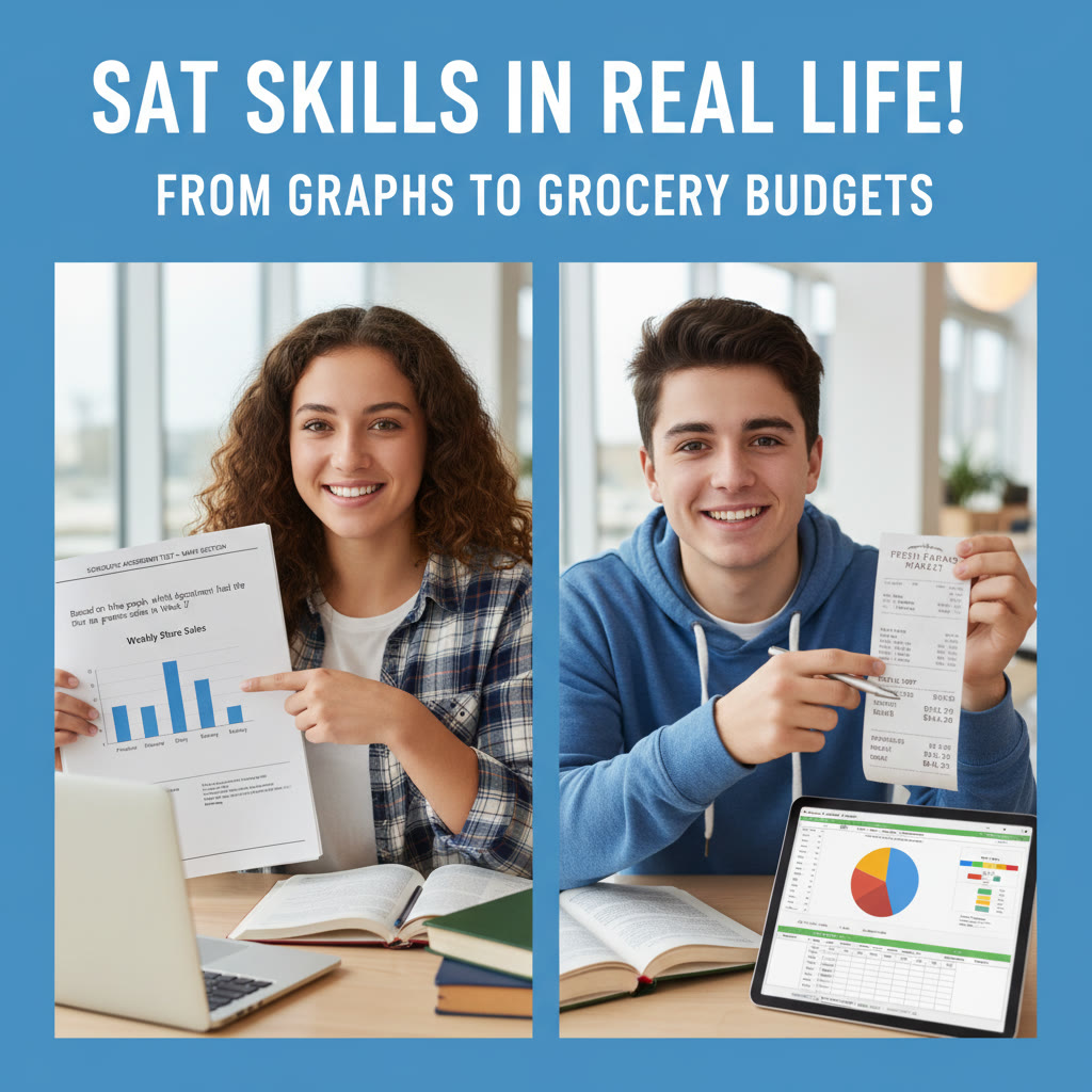 Illustration idea: Side-by-side comparison of a test question and a real-life task (e.g., a graph from a practice test next to a grocery receipt being analyzed)