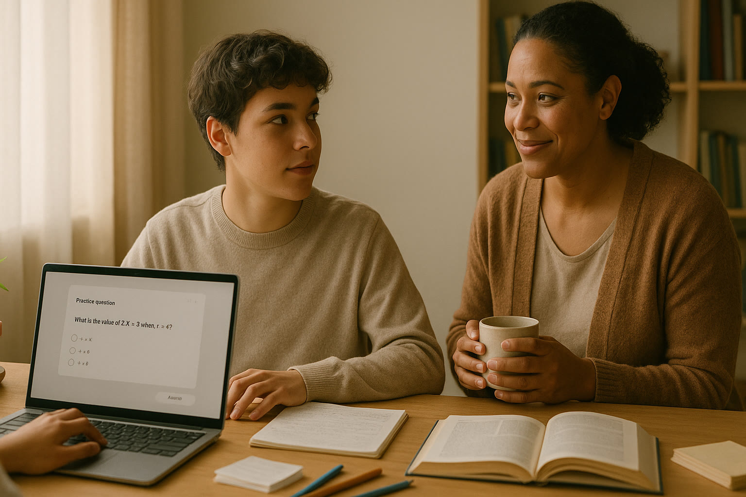 Photo Idea : A calm study scene — a student at a desk with a laptop displaying a practice question, soft morning light, notes neatly organized, and a parent nearby holding a cup of tea, listening. This should appear near the top of the article to set a reassuring tone.